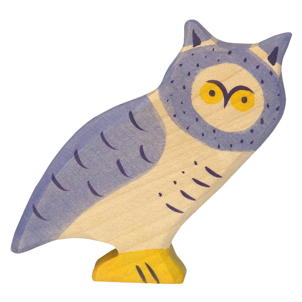 Abbildung einer handgefertigten Holzfigur in Form einer Eule aus dem großen Waldtiere-Set. Die Figur ist naturbelassen mit hellblauen, violetten und gelben Farbakzenten bemalt. Das minimalistische Design zeigt die Eule mit runden gelben Augen, ideal als nachhaltiges Spielzeug oder Dekoration für Kinderzimmer.