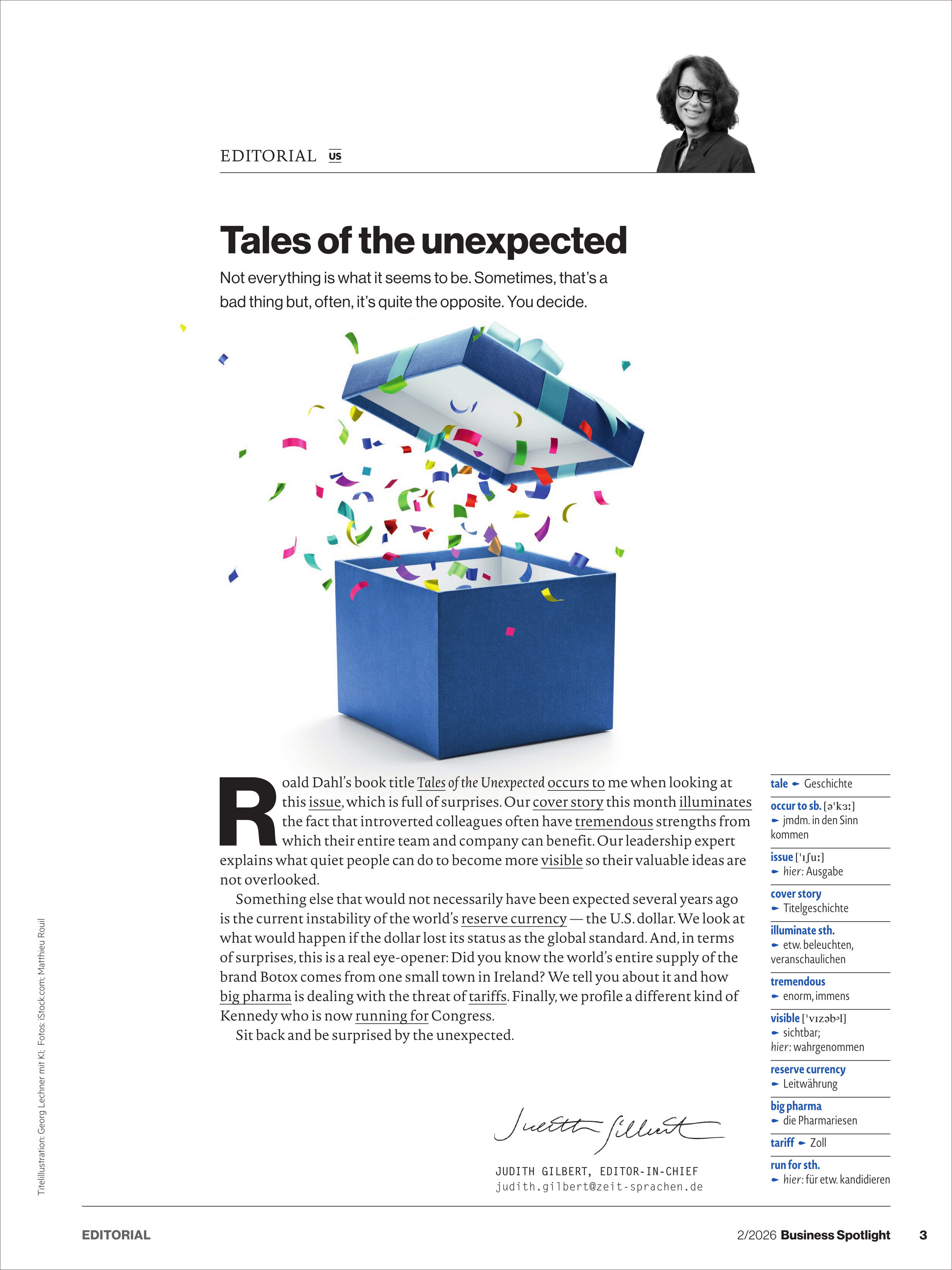 Ein Magazinartikel mit dem Titel "Tales of the unexpected" zeigt oben rechts ein Porträtbild einer Frau. Zentral ist eine Illustration eines offenen blauen Geschenkkartons, aus dem bunte Konfetti sprühen. Im Textbereich darunter beginnt ein Editorial, die Seite wirkt modern und klar strukturiert.