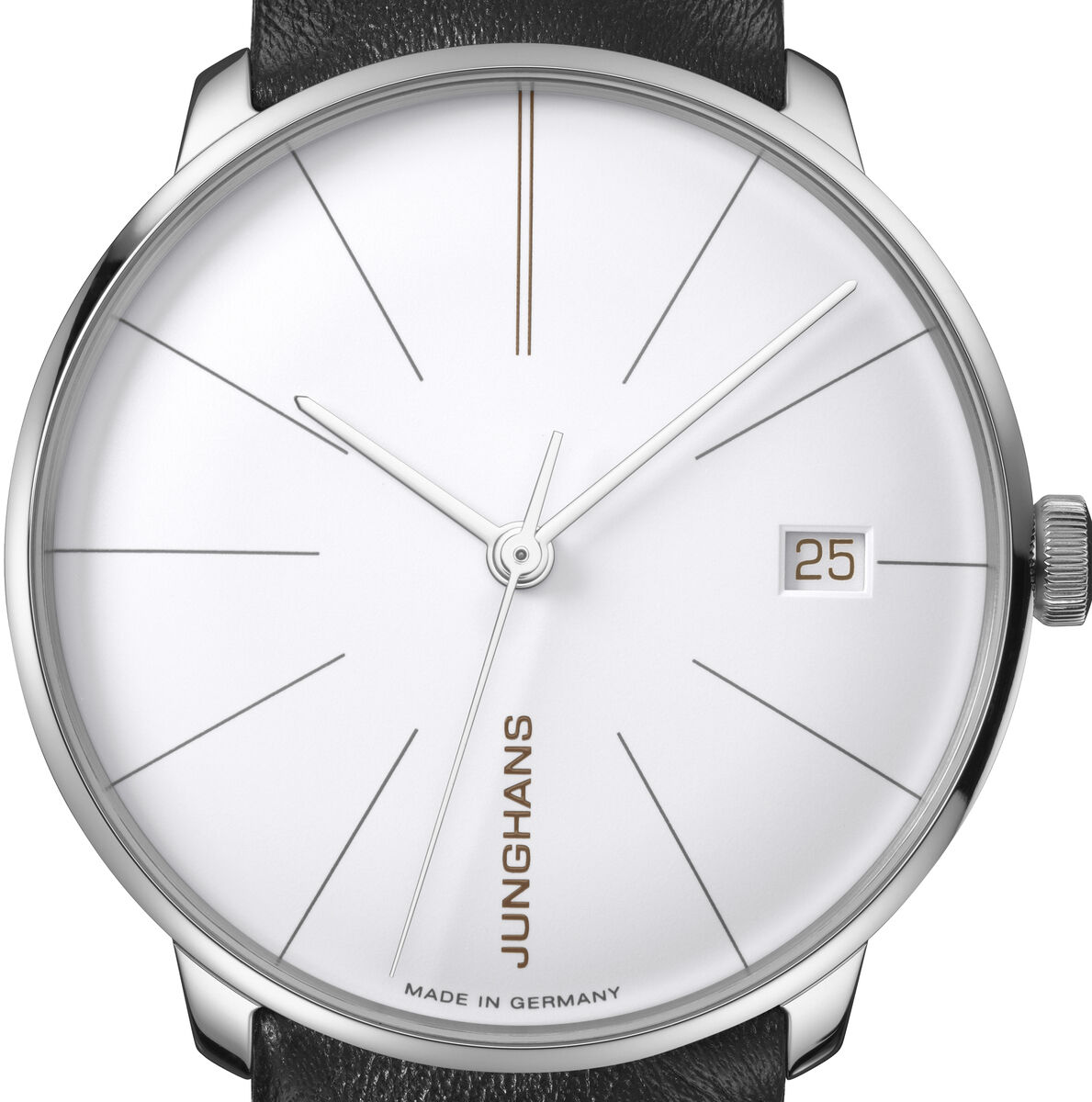 ZEIT-Sonderedition »Meister fein Kleine Automatic« von Junghans. Armbanduhr mit schwarzem Lederarmband, weißem Zifferblatt und silbernem Edelstahlgehäuse. Made in Germany.