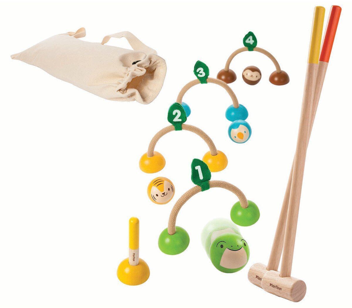 Ein farbenfrohes Krocket-Set für Kinder, bestehend aus Holzschlägern, bunten Torelementen in Form von Tieren und einer Aufbewahrungstasche.