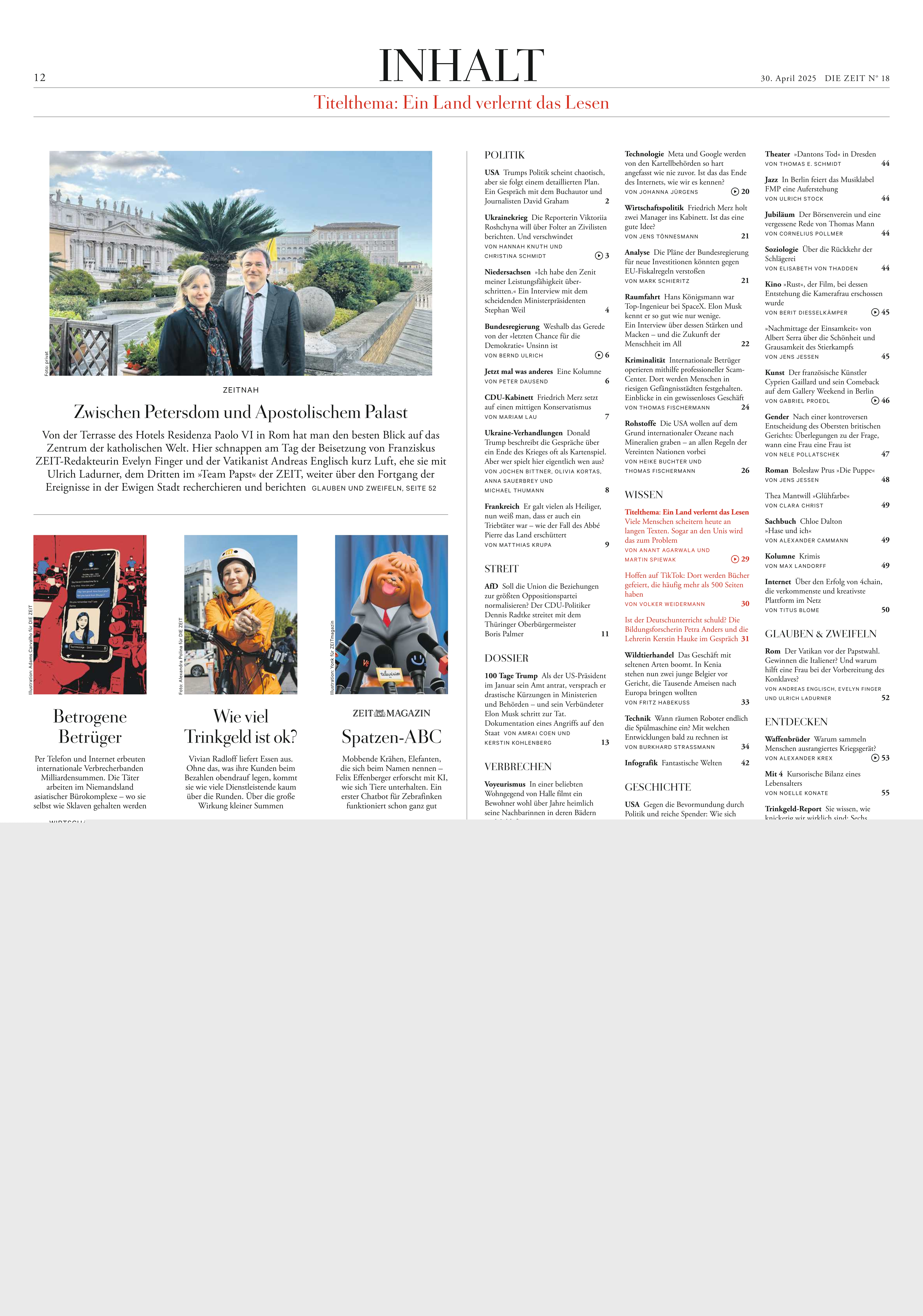 Seite einer Zeitung mit verschiedenen Artikeln, Fotos und textlichen Inhalten, die diverse Themen abdecken.