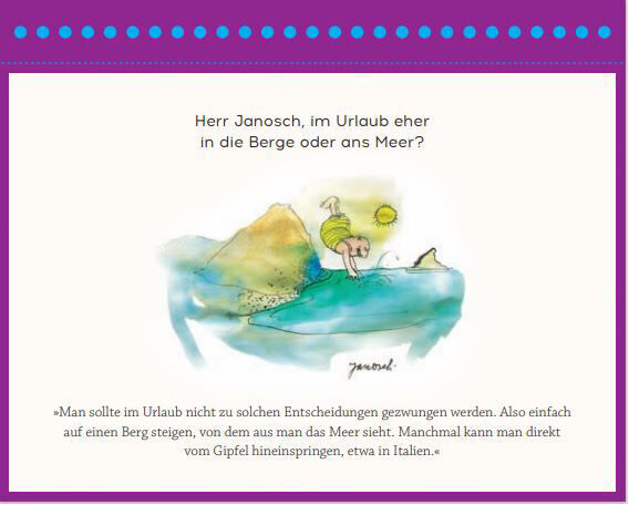 Postkarte mit einer Illustration von Janosch. Es zeigt eine Person, die im Urlaub ist, und einen Text, der fragt: 'Herr Janosch, im Urlaub eher in die Berge oder ans Meer?' Die Farben Blau, Grün, Gelb, Weiß und Lila sind vorherrschend.
