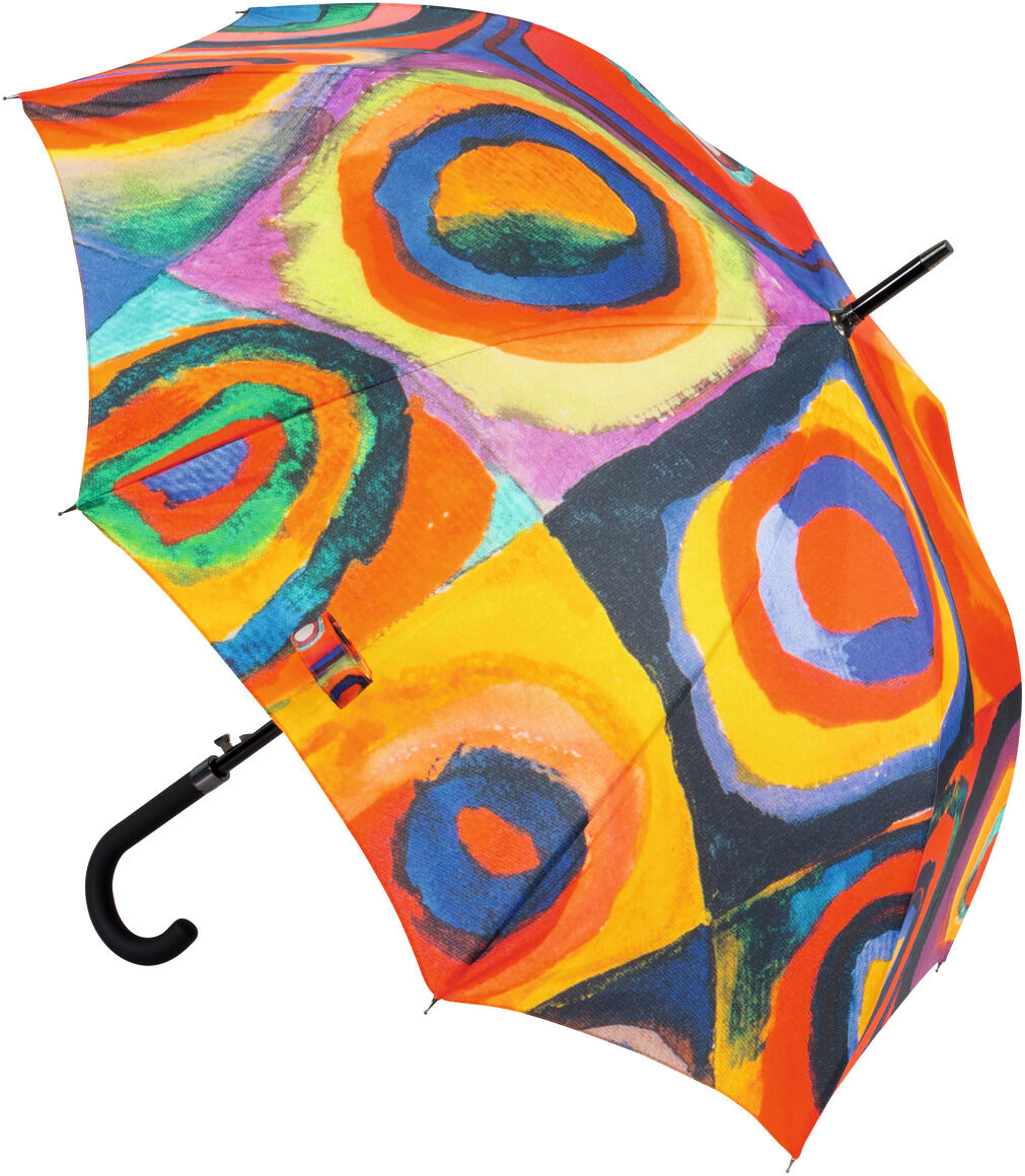 Ein Regenschirm mit einem abstrakten Design, inspiriert von Kandinskys Farbstudie 'Quadrate'. Er weist lebhafte Farben wie Rot, Orange, Blau, Grün, Gelb und Lila auf, die in kreis- und quadratförmigen Mustern angeordnet sind.