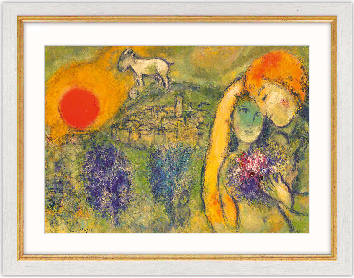 Ein Gemälde von Marc Chagall mit dem Titel »Die Liebenden von Vence« aus dem Jahr 1957, das ein Liebespaar zeigt, umgeben von lebendigen Farben und einer Naturkulisse, in der eine Ziege und Büsche zu sehen sind. Die Szene ist von warmen und gefühlvollen Tönen durchzogen.