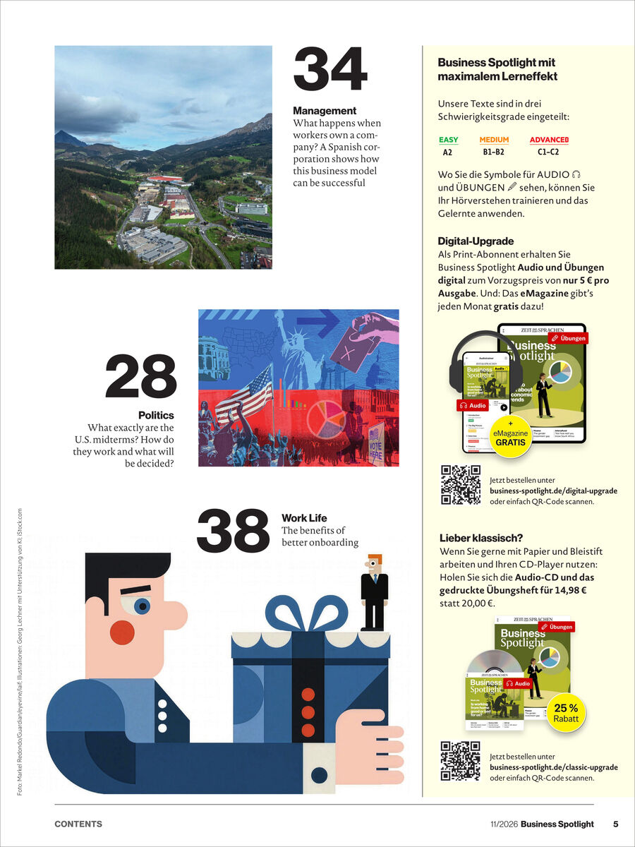 Rückseite von Business Spotlight 10/2026 auf weißem Grund: links große Zahlen 34, 28 und 38 mit Bildern zu Berglandschaft, Illustration von Wildtierkriminalität und Homeoffice. Rechts Kurztexte zu Lernheft, Digital-Upgrade und Leserangeboten, dazu zwei QR-Codes und grün-gelbe Aboanzeigen.