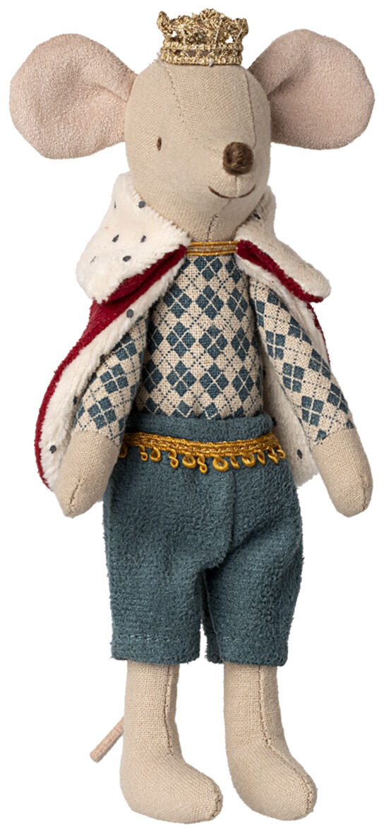 Stofftier in Form einer Maus als König »Papa«, mit goldener Krone, Cape mit rotem Rand und Verzierungen, blau karierter Pullover und blaue Hose, geeignet als Geschenk für Vatertag, Kinder oder als Dekoration im Kinderzimmer.
