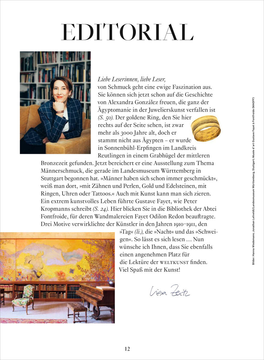 Editorialseite der WELTKUNST auf weißem Grund: oben große schwarze Überschrift „EDITORIAL“. Links Porträt einer Frau im karierten Blazer vor Bücherregal, daneben Text und Illustration eines goldgelben Sessels. Unten Foto eines prunkvollen Salons mit Wandmalerei und Flügel; Signatur „Ihre ZEIT“, Seite 12.