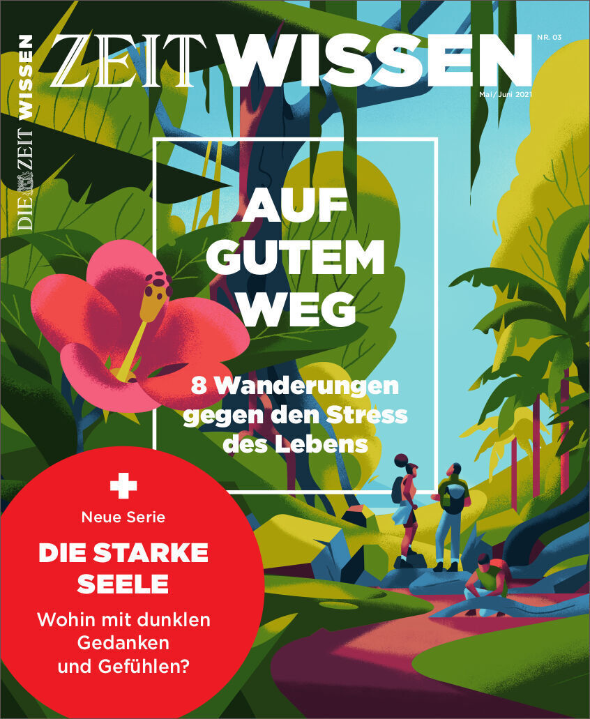 Titelbild der Zeitschrift ZEIT WISSEN 3/21 mit dem Titel 'Auf gutem Weg'. Im Vordergrund eine große Blume, im Hintergrund Menschen, die in einer natürlichen Landschaft wandern. Der Text erwähnt '8 Wanderungen gegen den Stress des Lebens' und eine neue Serie 'Die starke Seele'.