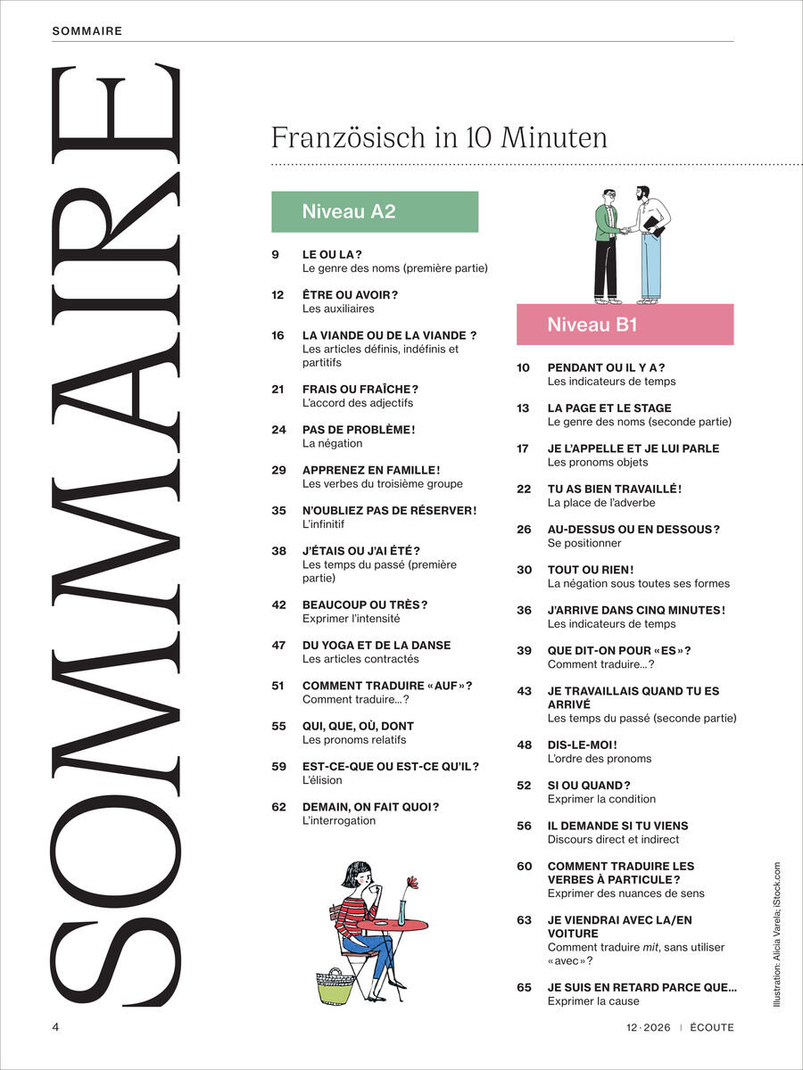 Inhaltsverzeichnis einer Magazinseite mit dem Titel 'Französisch in 10 Minuten'. Links 'SOMMAIRE' vertikal, mittig Kurzübersicht in zwei Spalten für Niveau A2 und B1 mit Trainingsthemen. Mit Illustrationen oben und unten, klar strukturiert und farblich hervorgehoben.