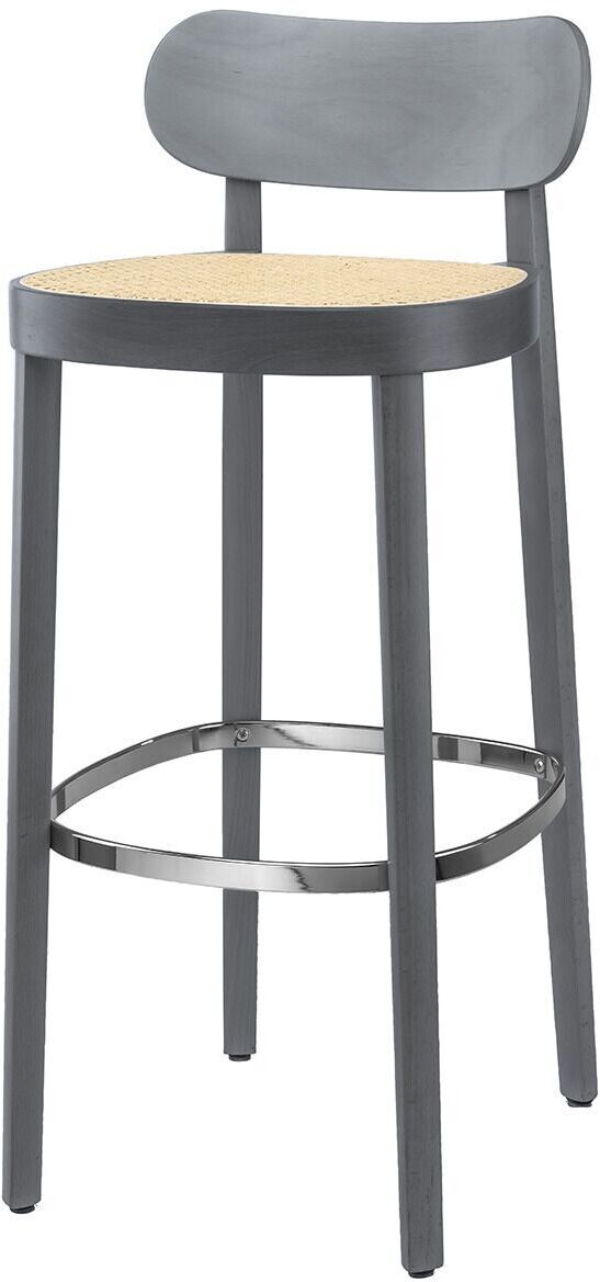 Barhocker »118H« von Thonet in grau mit einer beige Sitzfläche aus Holz, einfache und elegante Konstruktion.