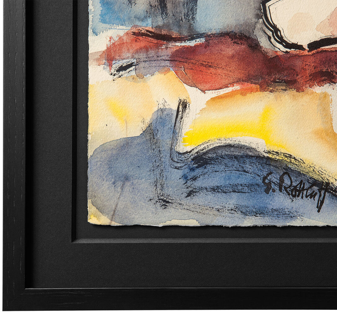 Expressionistisches Kunstwerk von Karl Schmidt-Rottluff aus dem Jahr 1969 mit dem Titel 'Magnolienzweig'. Das Bild zeigt dynamische Pinselstriche in Blau, Rot, Gelb, Schwarz und Weiß, und ist in einem schwarzen Rahmen präsentiert.