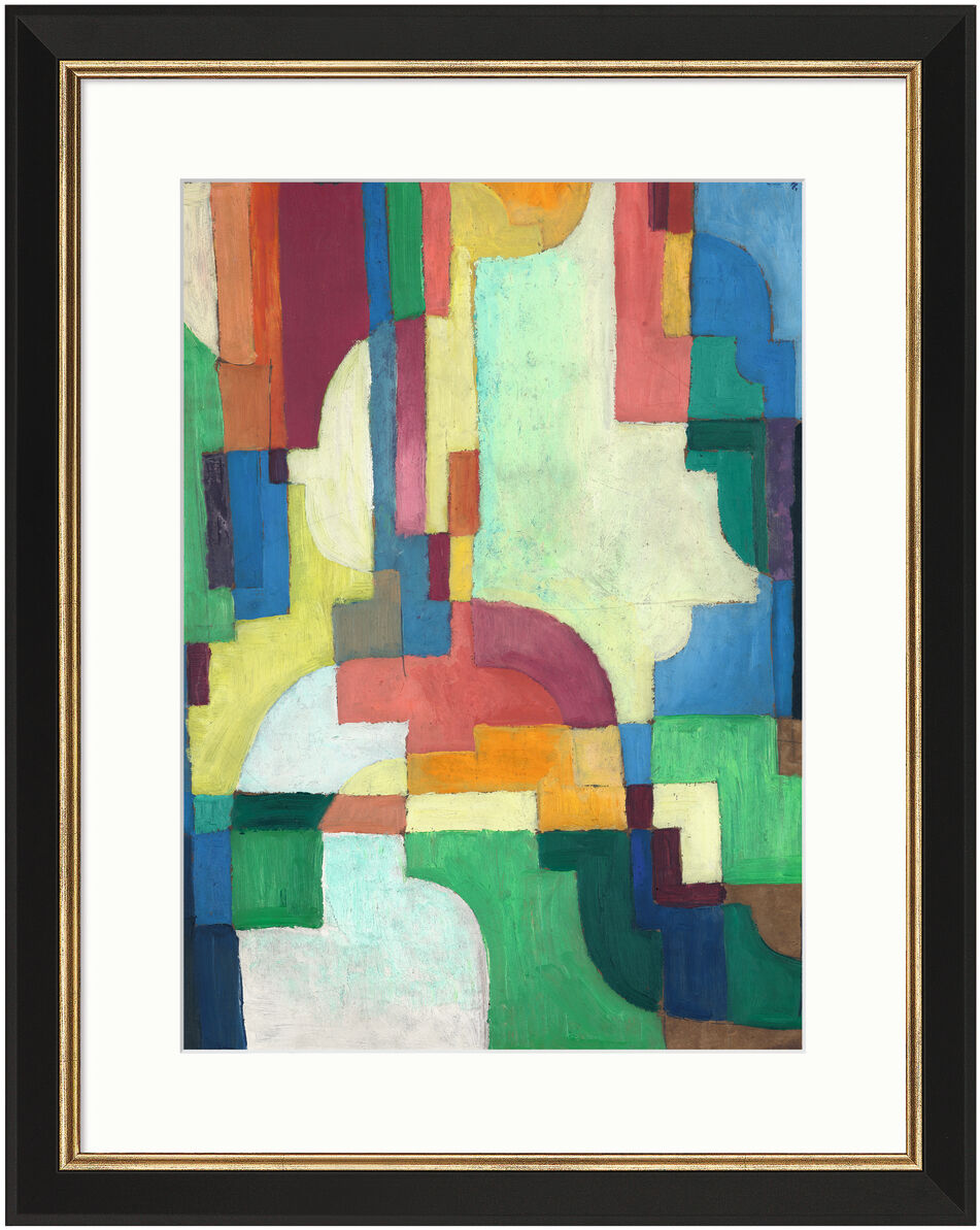 Ein farbenfrohes abstraktes Gemälde von August Macke aus dem Jahr 1913 mit dem Titel »Farbige Formen«. Das Bild zeigt eine Komposition aus geometrischen Formen in verschiedenen leuchtenden Farben wie Grün, Blau, Gelb, Rot, Weiß, Lila und Orange, die dynamisch miteinander verwoben sind.