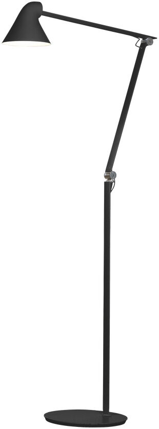 Schwarze Stehleuchte »NJP« mit modernem, minimalistischem Design. Die Lampe verfügt über einen verstellbaren Arm und einen schlichten runden Standfuß.