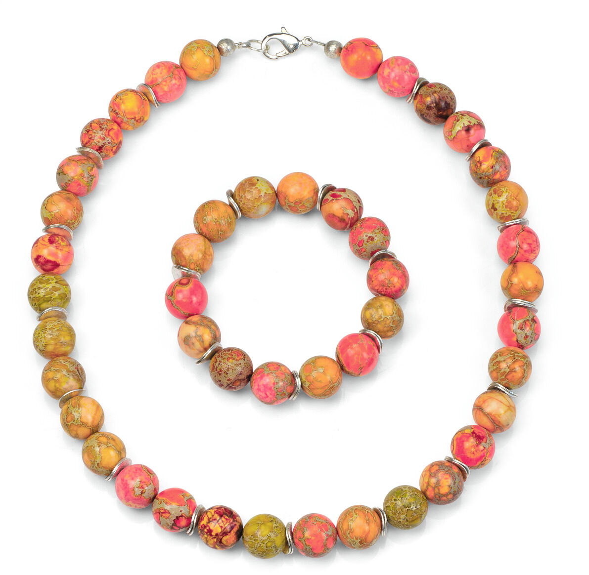 Ein Perlen-Schmuckset mit dem Namen »Sunflower«, das eine Halskette und ein Armband beinhaltet, bestehend aus bunten Perlen in Pink-, Orange-, Gelb- und Grüntönen und silbernen Zwischenteilen.