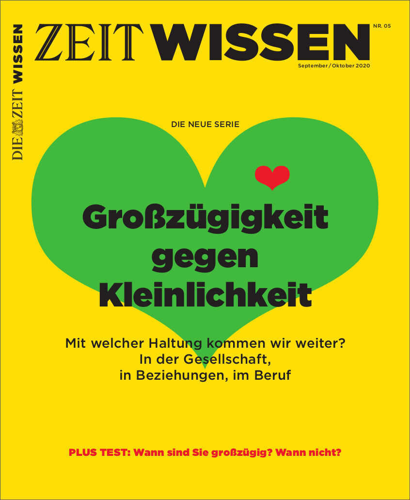 Das Cover der Zeitschrift ZEIT WISSEN Ausgabe 5/20 mit dem Titel 'Großzügigkeit gegen Kleinlichkeit'. Das Cover zeigt einen großen grünen Herz im Hintergrund und den Text in schwarzer Schrift auf gelbem Hintergrund.