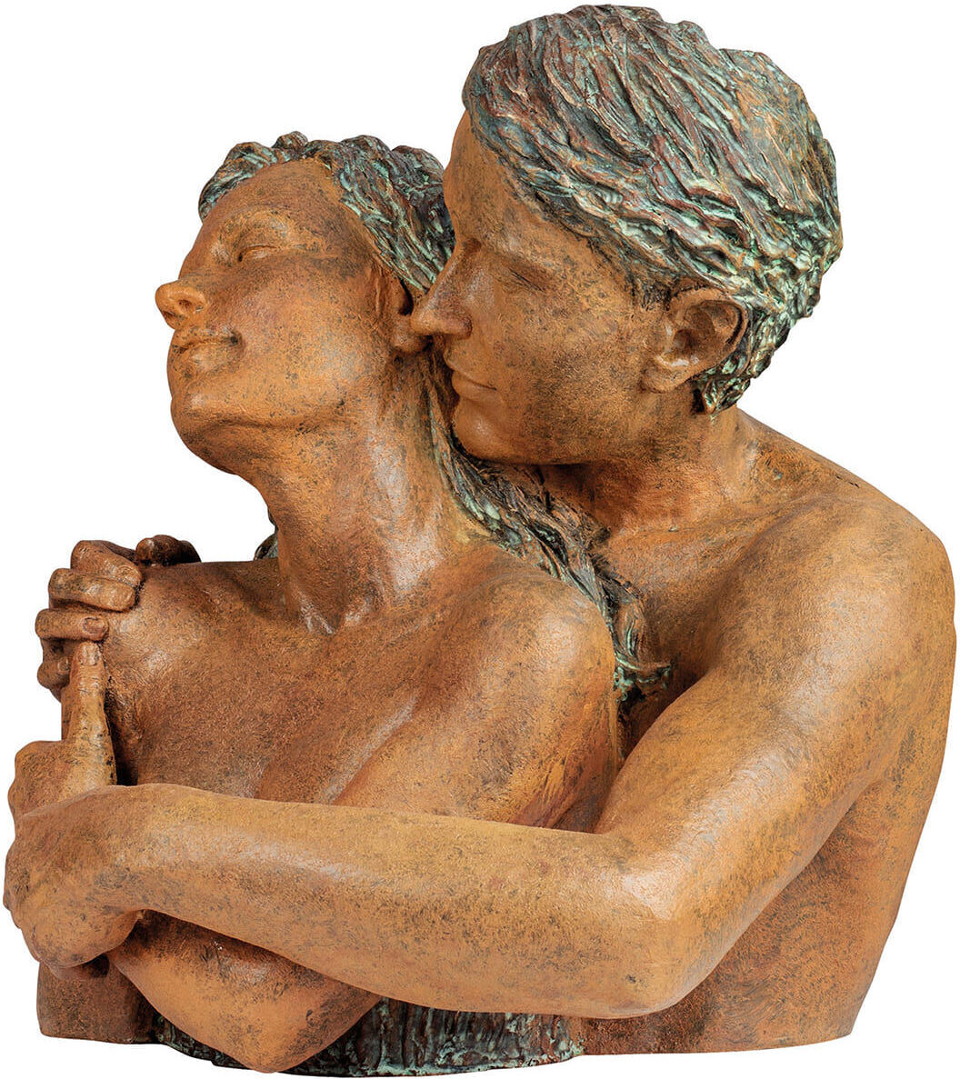 Bronzefarbene Skulptur von Angeles Anglada mit dem Titel „Rückhalt“, die ein innig umarmendes Paar zeigt. Die detailreich gestalteten Figuren drücken eine tiefe emotionale Verbundenheit und Intimität aus.