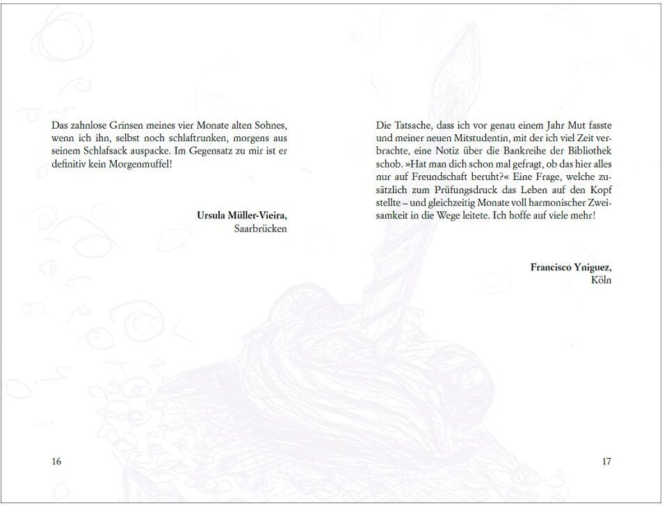 Ein Buch mit dem Titel »Was mein Leben reicher macht« Band 2, das zwei Zitate auf einer Doppelseite zeigt. Die Seiten sind in schwarzer Schrift auf weißem Hintergrund gestaltet.