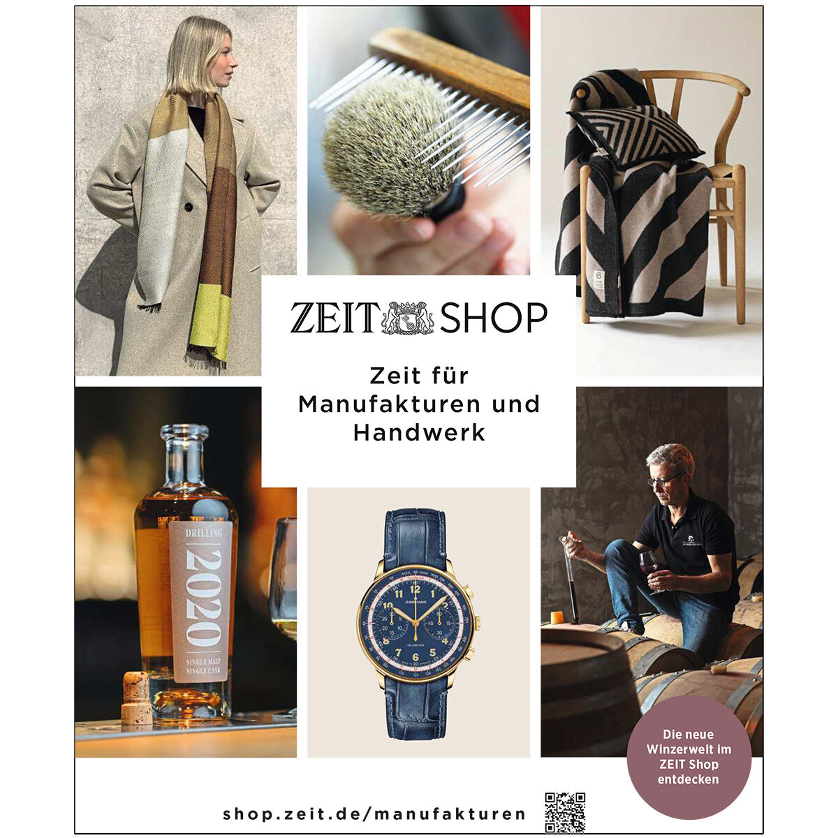 Collage eines Katalogcovers mit hochwertigen Handwerksprodukten wie einem Schal, Rasierpinsel, Decke, einer Flasche Whisky, einer Armbanduhr und einer Person, die stilvoll Whisky genießt. Mittig steht der Text 'Zeit für Manufakturen und Handwerk', umgeben von eleganten, luxuriösen Accessoires in dezenten Farben. Das Bild spiegelt exklusives Design und Handwerkskunst wider.