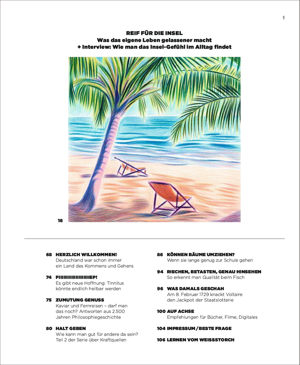 Cover des Magazins ZEIT WISSEN Ausgabe 4/24 mit dem Titel 'Reif für die Insel?'. Das Cover zeigt eine farbenfrohe Illustration eines tropischen Strandes mit Palmen, sandigem Boden, einem Liegestuhl und Meeresblick.