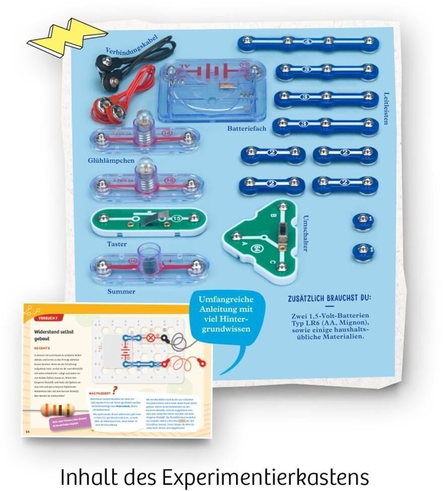 Ein Lernspielzeug-Set namens 'Easy Elektro - Light', das verschiedene elektronische Bauteile und eine Anleitung zur Erstellung von Schaltkreisen enthält. Enthalten sind Batterien, Drähte, Lichter und weitere Komponenten, alle auf einer blauen Plattform organisiert.