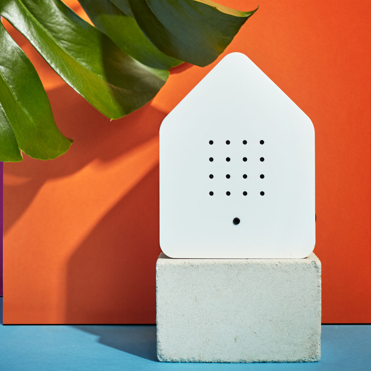 Ein Foto der Zwitscherbox, einer Soundbox in Form eines kleinen Hauses, platziert auf einem Betonblock. Die Box ist weiß und steht vor einer farbenfrohen Kulisse mit orangem und violettem Hintergrund und grünen Blättern. Der Boden ist blau.