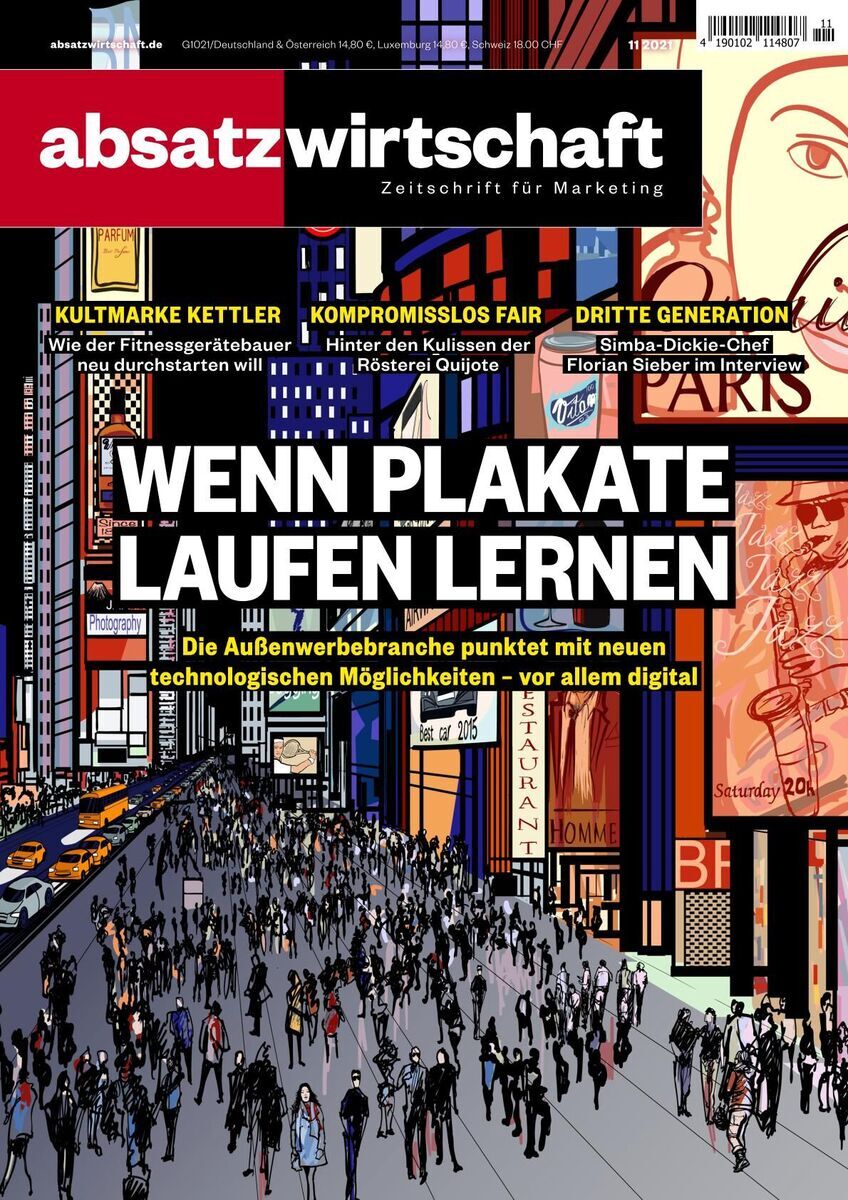 Cover des Magazins 'absatzwirtschaft' Ausgabe 11/21. Im Vordergrund eine belebte Stadtstraße im Comic-Stil, mit Menschen, Gebäuden und großen Werbetafeln. Der Titel lautet 'WENN PLAKATE LAUFEN LERNEN'.