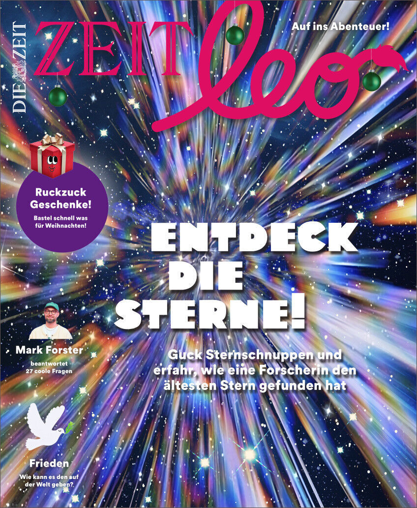 Das Cover des Magazins ZEIT LEO 8/23 mit dem Titel 'Entdeck die Sterne!' zeigt einen farbenfrohen, kosmischen Hintergrund mit hellen Sternen, überlagert von einer dynamischen Illustration von Lichtstrahlen, die den Weltraum darstellen. Der Titel ist groß und weiß platziert. Ein rotes Abzeichen im linken Bereich deutet auf Inhalte hin, die für die Weihnachtszeit interessant sein könnten. Weitere Teaser-Texte und ein Bild eines lächelnden Mannes sind ebenfalls sichtbar.