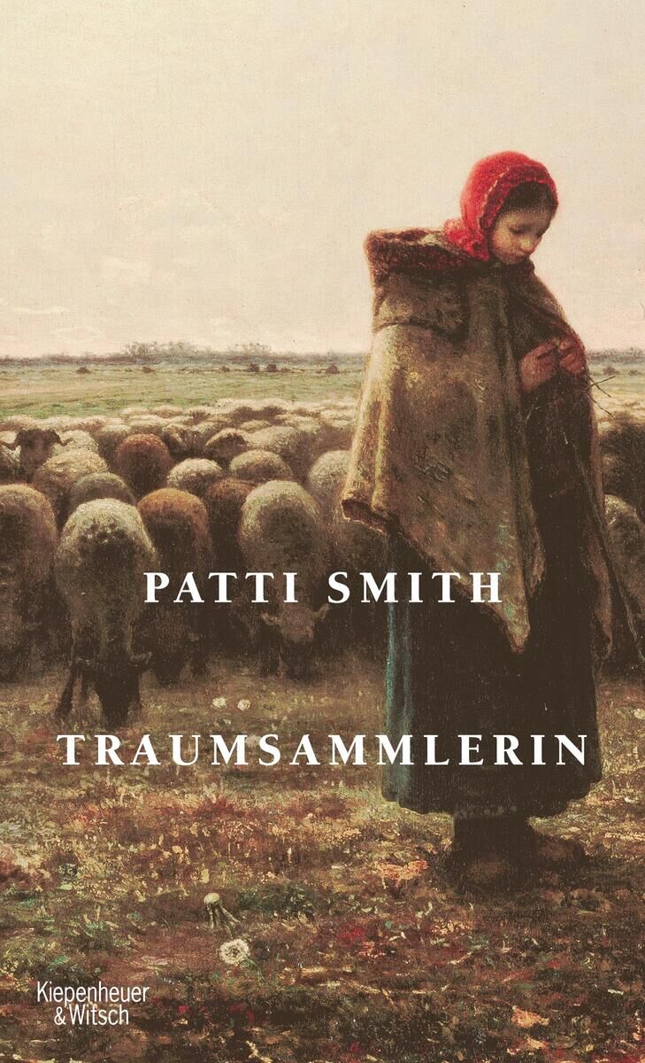 Das Buchcover von 'Traumsammlerin' von Patti Smith zeigt eine Frau in einem roten Schal, der eine Schafherde vor einer ländlichen Landschaft hütet.