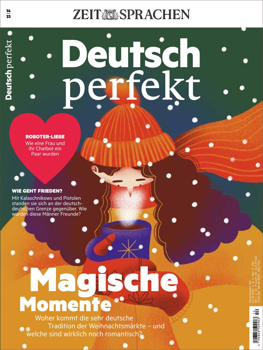 Das Cover des 'Deutsch perfekt Magazin' Ausgabe 14/2023 zeigt eine winterliche Illustration mit einer Person, die eine rote Mütze und einen orangefarbenen Schal trägt und eine Tasse mit heißem Getränk hält. Der Hintergrund ist in warmen Farben gehalten und es fallen Schneeflocken. Der Titel lautet 'Magische Momente'.