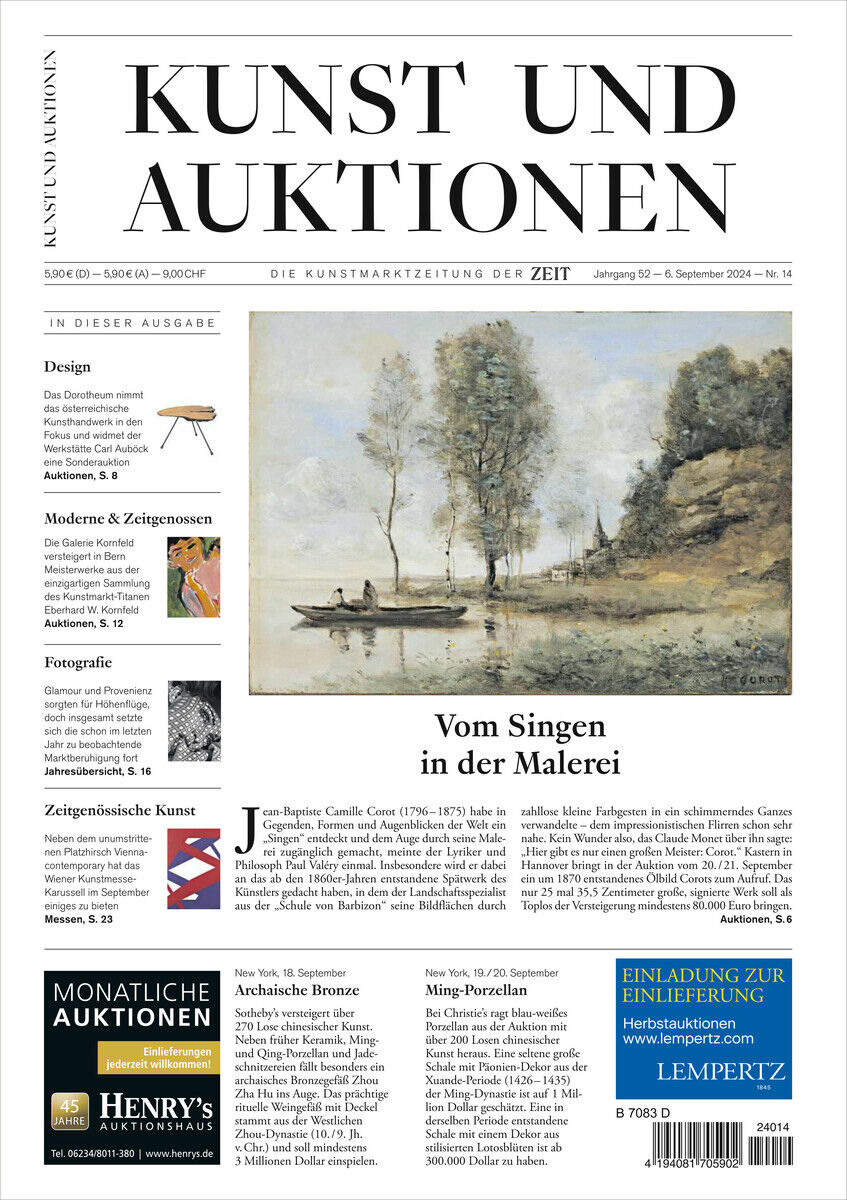 Titelseite der Zeitschrift 'KUNST UND AUKTIONEN 14/24' mit einem Gemälde, Informationen zum Inhalt der Ausgabe und verschiedenen Anzeigen.