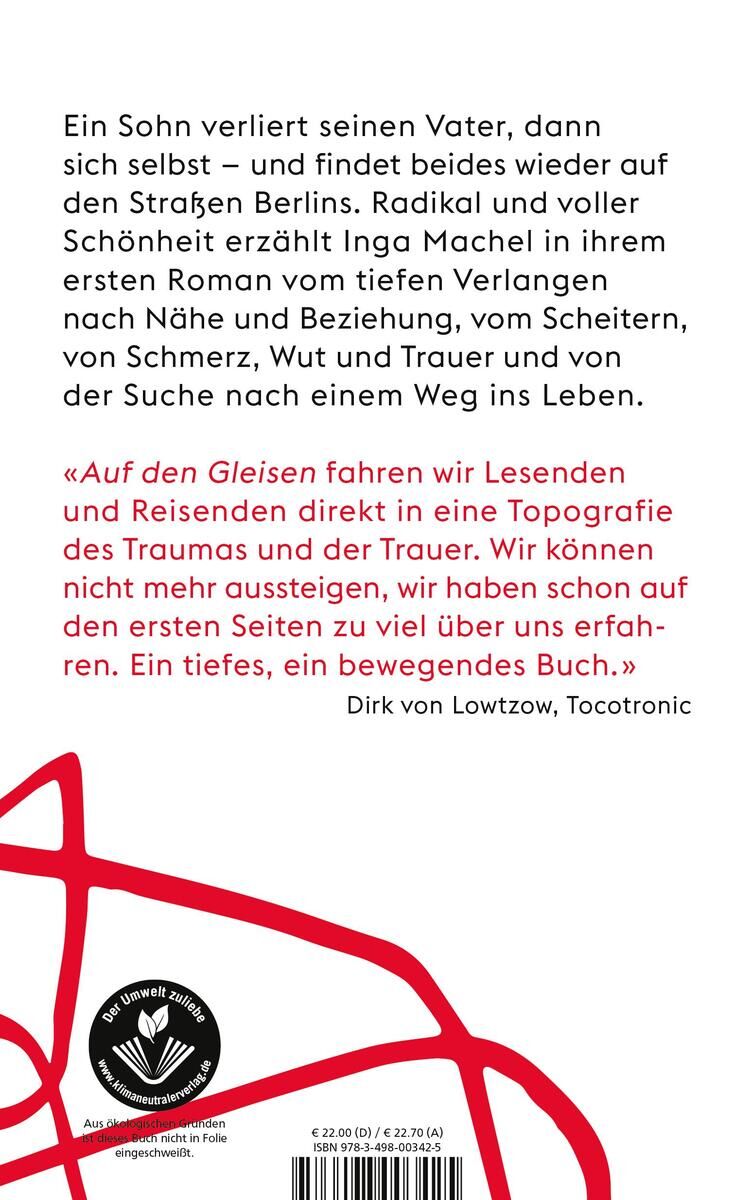 Das Bild zeigt die Rückseite des Buches 'Machel, I: Auf den Gleisen'. Der Hintergrund ist weiß mit roten und schwarzen Texten und Grafiken. Ein Ausschnitt des Inhalts und ein Zitat von Dirk von Lowtzow sind sichtbar.