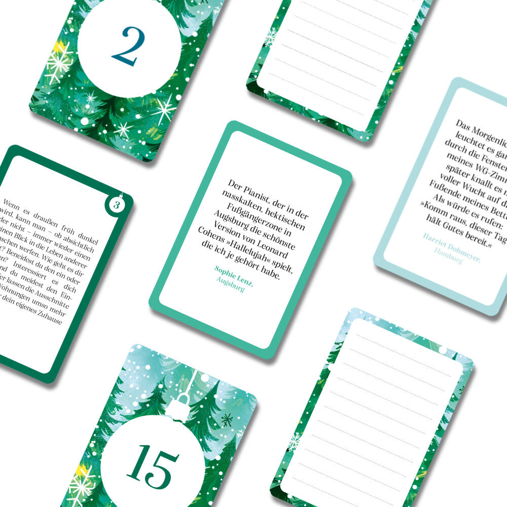 Mehrere Adventskalender-Karten aus dem Set »Was mein Leben reicher macht« – Adventskalender von DIE ZEIT liegen verstreut. Jede Karte zeigt entweder eine Zahl, inspirierende Zitate, Reflexionsfragen oder Linien zum Ausfüllen, dekoriert mit winterlichen Motiven und Tannenbäumen.