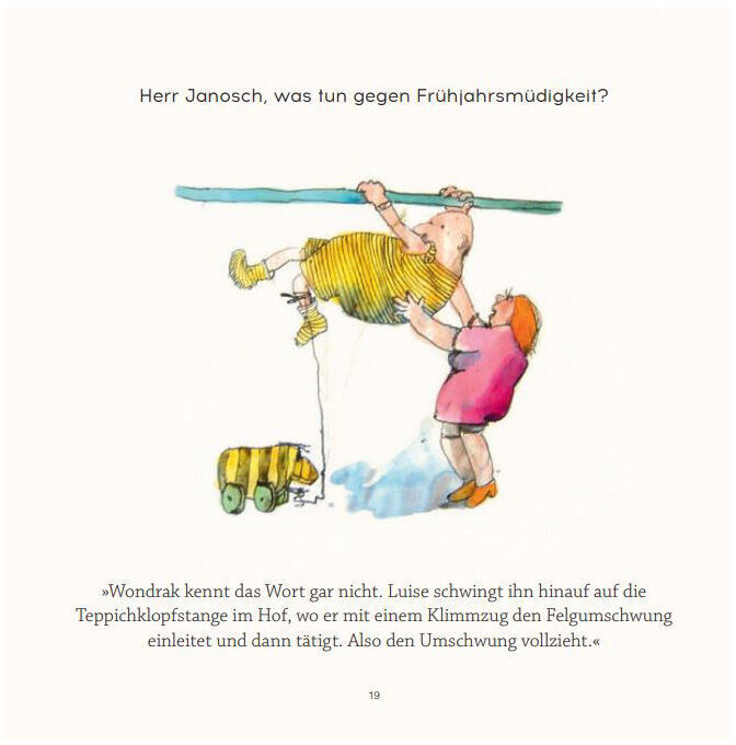 Illustration aus dem Buch 'Wondrak: Herr Janosch, was hilft gegen Langeweile im Alter?' zeigt ein Kind, das an einer Teppichklopfstange schwingt, während ein anderes Kind einen gelben Bollerwagen zieht.