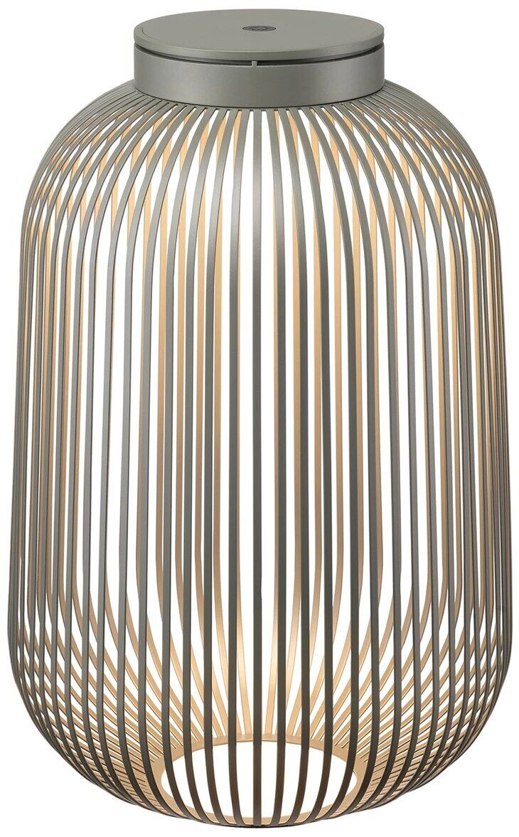 Mobile LED Leuchte »LITO« - Größe L, zeigt eine moderne, kabellose Lampe mit einem stilvollen, minimalistischen Design. Die Lampe besteht aus parallelen Stäben in Grau und Beige, die das Licht der integrierten LED-Birne sanft streuen.