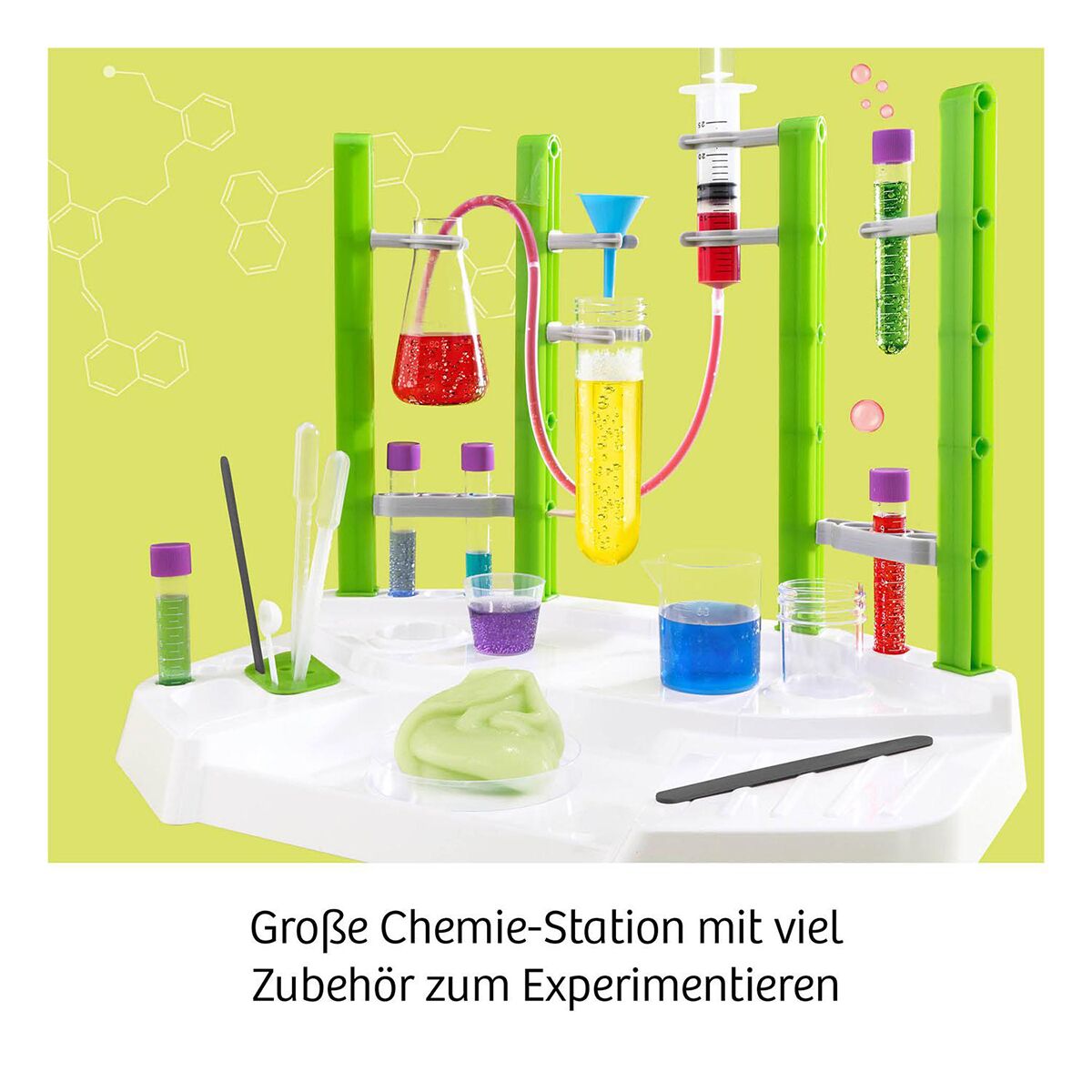 Großer, bunter Chemie-Experimentierkasten für Kinder mit Reagenzgläsern, Röhrchen, Pipetten und chemischen Flüssigkeiten auf einem weißen Tisch. Das Set bietet zahlreiche Zubehörteile zum spielerischen Forschen und Entdecken von Naturwissenschaften.