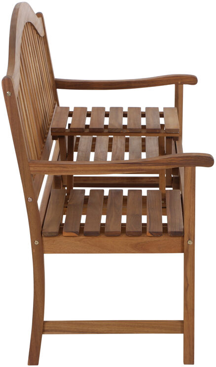 Die »Pisa 3-Sitzer Bank« aus Akazienholz ist eine robuste Gartenbank mit Armlehnen und Rückenlehne. Sie ist für drei Personen geeignet und besteht aus naturfarbenem Holz.