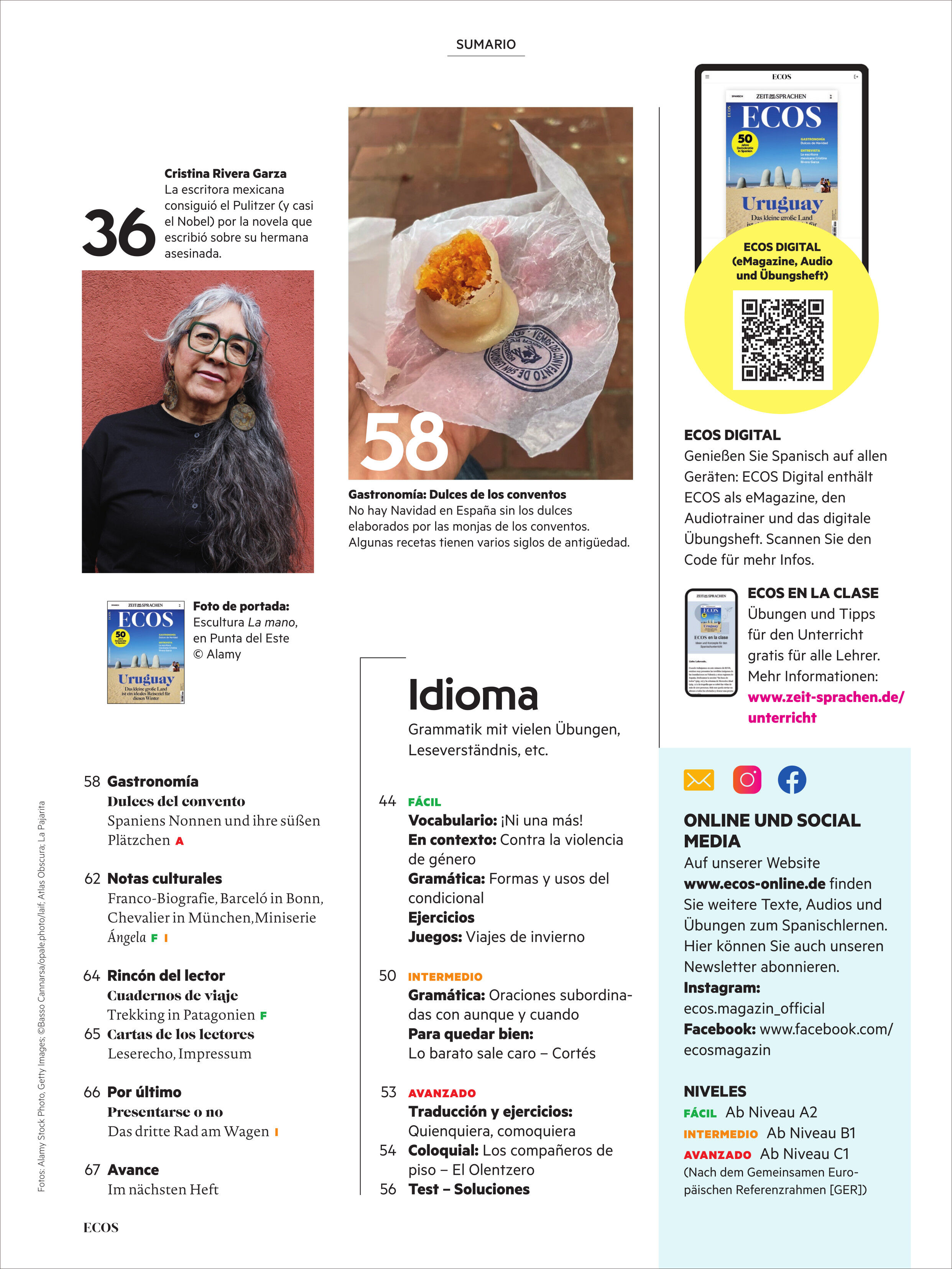 Detaillierte Magazinseite mit Inhaltsübersicht, Themenüberschriften, einer Frau mit langen grauen Haaren vor einer Mauer und Foto eines Fischbrötchens auf Papier. Außerdem QR-Code, Magazincover und viele Informationen rund um das Ecos Magazin 14/2025, farbige Akzente in Gelb und Blau.