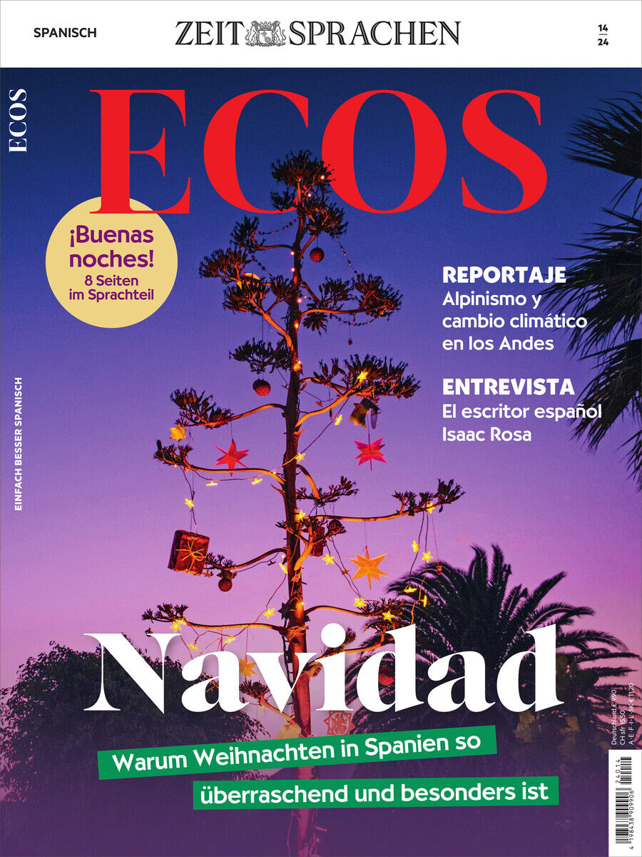 Titelbild der Zeitschrift ECOS Magazin 14/2024 mit weihnachtlichem Motiv, das einen beleuchteten Baum unter einem rot-weißen Himmel zeigt, sowie Überschriften zu Reportagen und einem Interview.