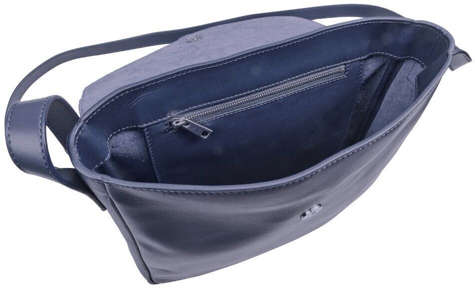 Eine dunkelblaue Umhängetasche aus Leder mit einem Reißverschlussfach im Inneren und einem langen Schulterriemen. Das schlichte und elegante Design macht sie zu einem vielseitigen Accessoire für verschiedene Anlässe.