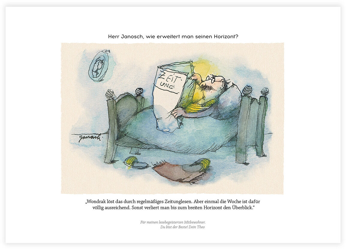 Eine Janosch-Illustration eines schlafenden Charakters mit einem Buch auf seinem Gesicht. Das Buch hat den Titel 'Zeitung'. Oben ist der Text 'Herr Janosch, wie erweitert man seinen Horizont?' abgebildet.