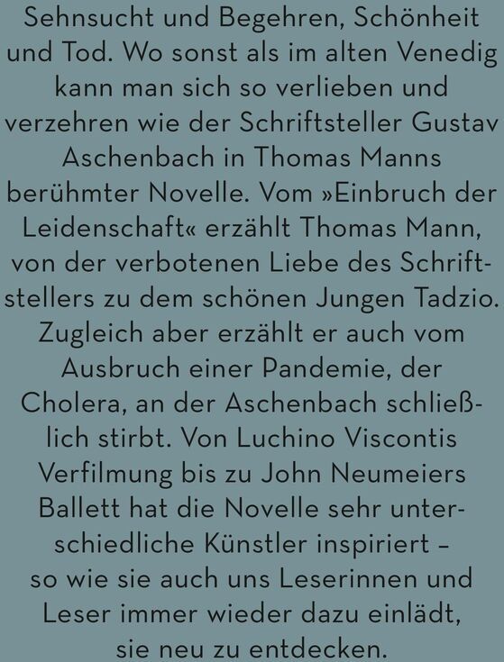 Cover der Novelle 'Der Tod in Venedig' von Thomas Mann. Der Text erklärt die Handlung und Themen des Buches. Hintergrund in Blau.