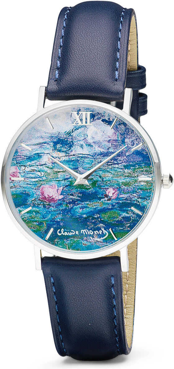 Künstler-Armbanduhr »Monet - Les Nymphéas« mit einem Zifferblatt, das das berühmte Gemälde von Claude Monet zeigt. Uhr mit blauem Lederarmband und silbernem Gehäuse.