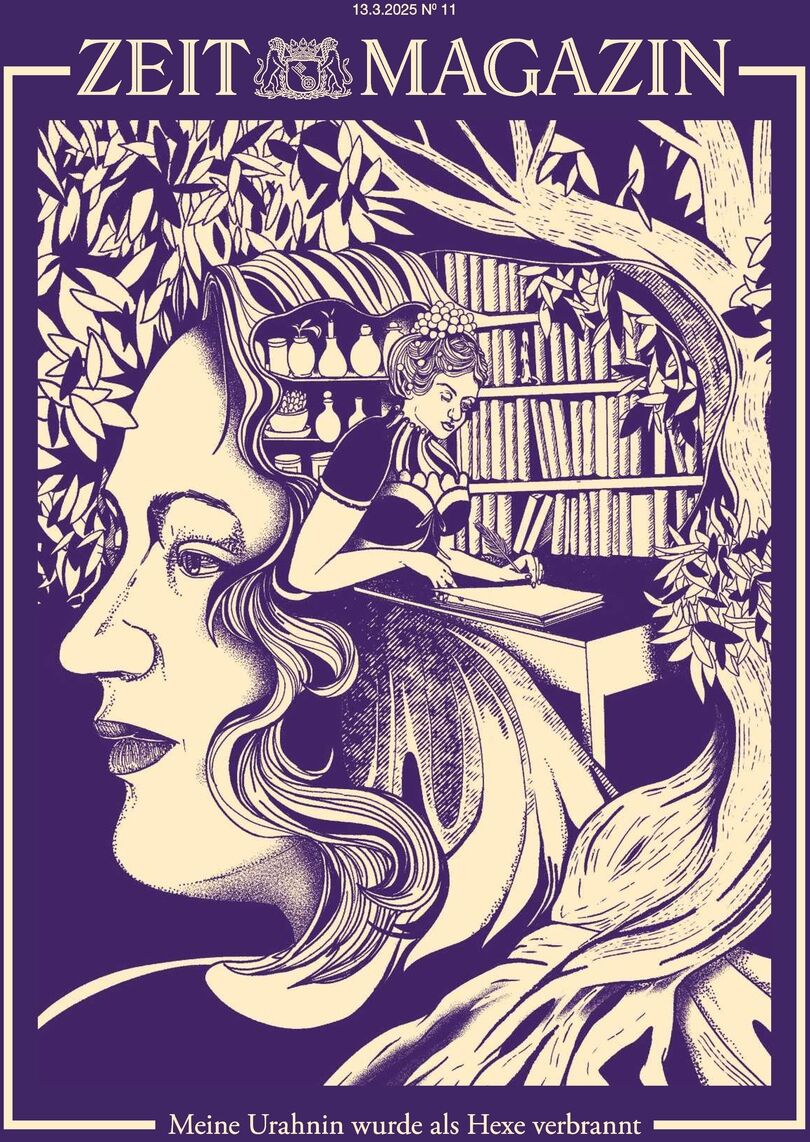 Die Titelseite des Zeit Magazins Nr. 11/2025 zeigt eine kunstvolle Illustration, die eine Frau im Profil sowie eine andere Frau vor einem Bücherregal darstellt. Sie ist von floralen und natürlichen Elementen umgeben. Der Text darunter lautet: 'Meine Urahnin wurde als Hexe verbrannt'.