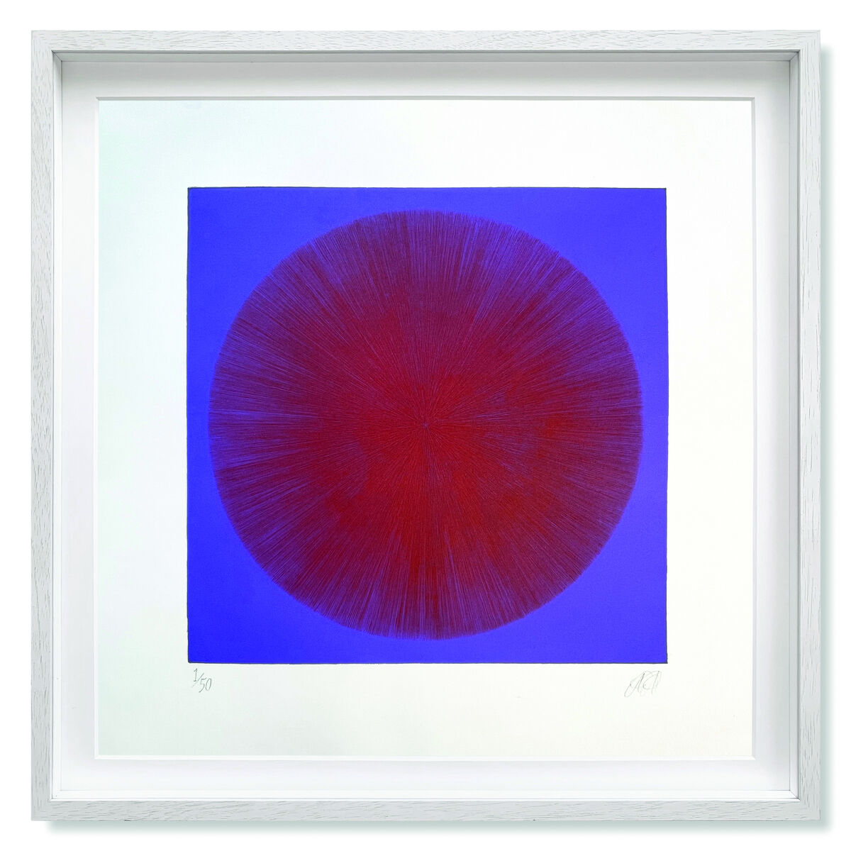 Ein gerahmtes Kunstwerk der ZEIT-Sonderedition »Spiky Circle (Rot auf Violett)«, 2023. Das Bild zeigt einen großen Kreis in Rot, der von einem violetten Hintergrund umgeben ist. Der Rahmen ist weiß und schlicht.