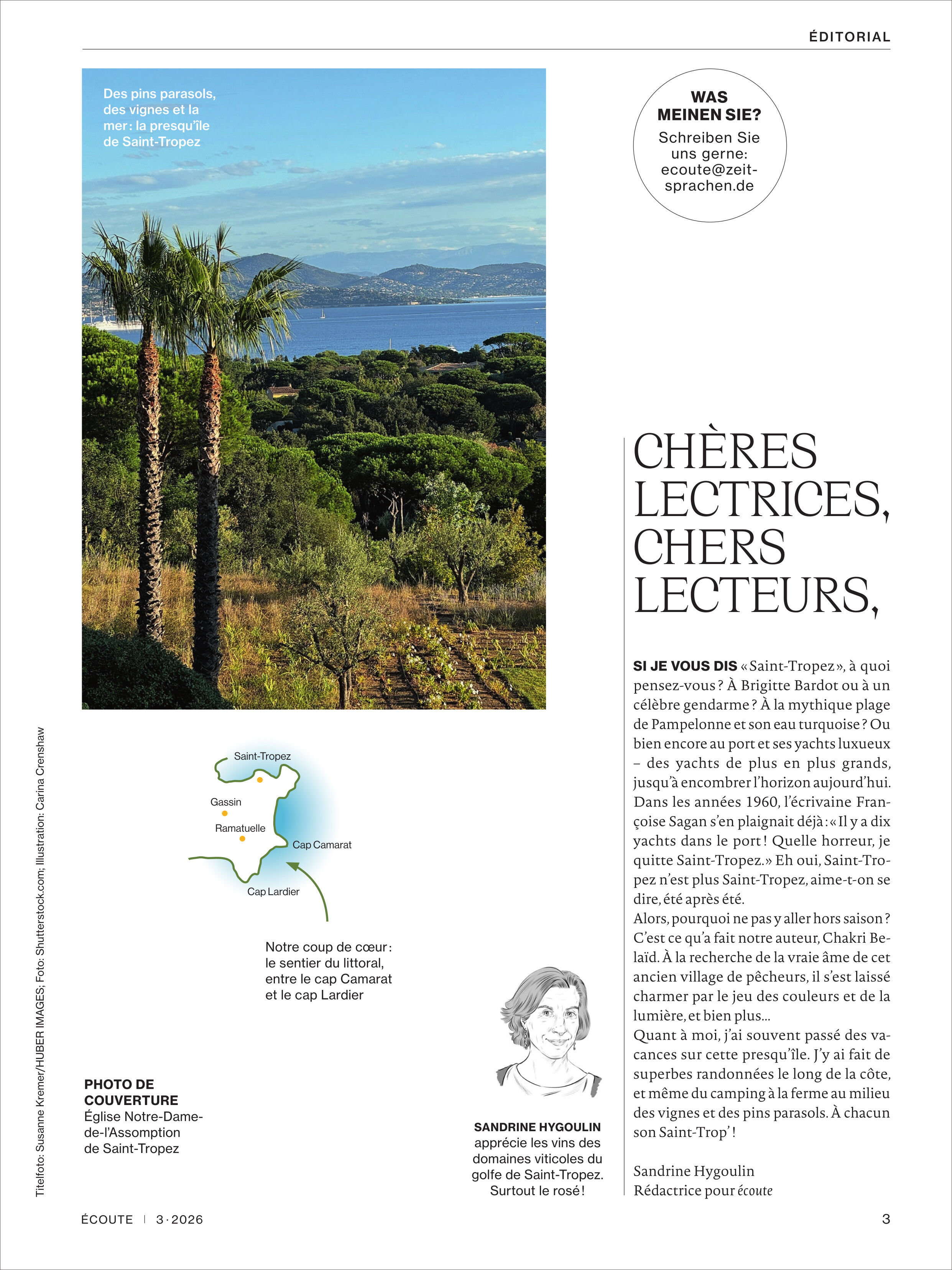 Das Bild zeigt eine Magazinausschnittseite von Écoute Magazin 3/2026. Links oben ein großes, farbiges Foto mit Palmen und Blick auf das blaue Meer von Saint-Tropez, darunter eine Frankreichkarte mit Hervorhebung der Côte d’Azur. Rechts finden sich Editorialtext, Überschrift „Chères lectrices, chers lecteurs“, sowie ein Portraitfoto und Informationen zur Redakteurin.