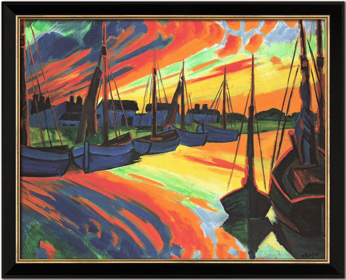 Ein expressionistisches Gemälde von Max Pechstein aus dem Jahr 1922 mit dem Titel »Hafen von Leba«. Das Bild zeigt eine lebendige Szenerie von Booten im Wasser bei Sonnenuntergang, dargestellt in kräftigen Farben wie Rot, Gelb, Grün, Blau und Orange. Die kräftigen Pinselstriche und dynamischen Farbkontraste kennzeichnen das Werk.