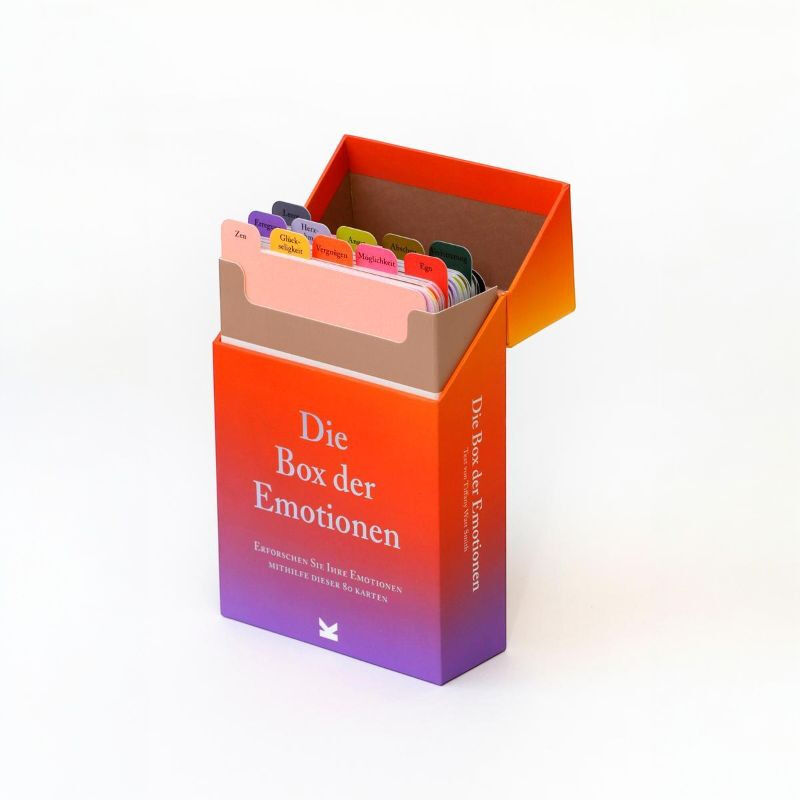 Ein Kartenset namens 'Die Box der Emotionen' in einer orange-lila Schachtel, mit farbigen Registerkarten, gestaltet für emotionale Reflexion und Kommunikation.