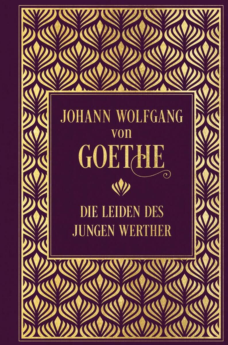 Buchcover von 'Die Leiden des jungen Werther' von Johann Wolfgang von Goethe. Das Cover ist in lila und gold gestaltet mit einem dekorativen Muster und einem Rechteck in der Mitte, das den Titel und Autorennamen zeigt.