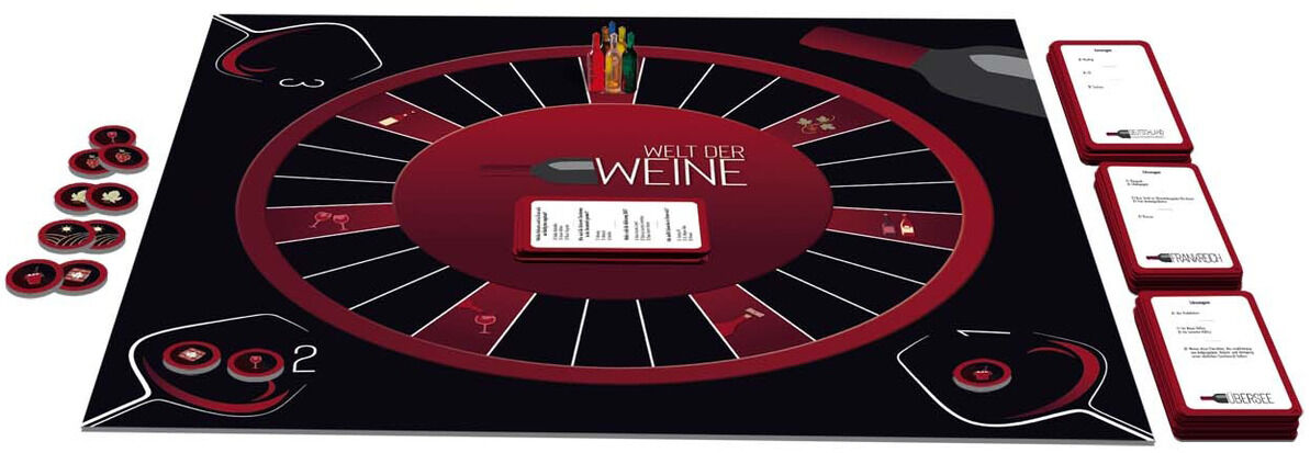 Spiel-Set »Welt der Weine« bestehend aus einem schwarzen Spielbrett mit roten und weißen Akzenten, mehreren Spielkarten, Spielfiguren und runden Spielmarken. Perfekt für Weinliebhaber und gesellige Anlässe.