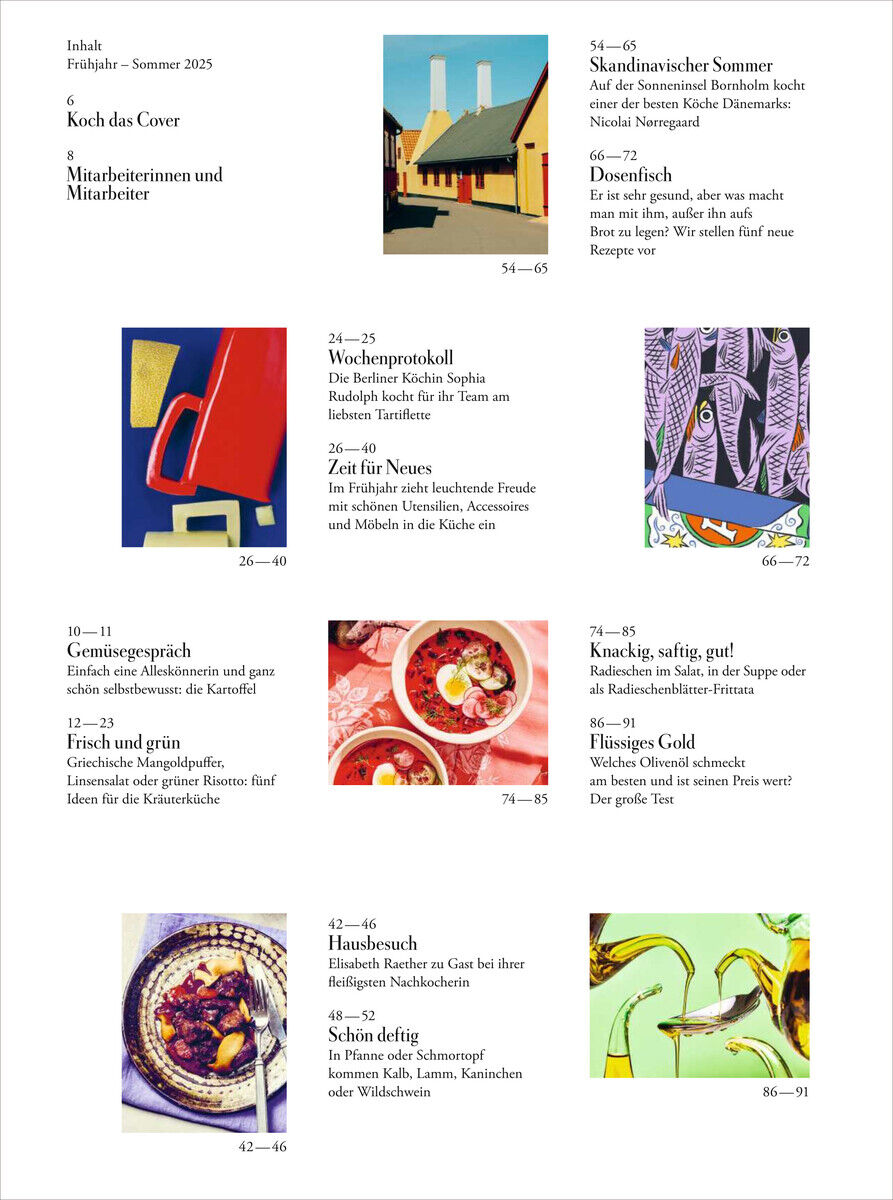 Seite aus dem ZEITmagazin WOCHENMARKT 8/25 mit einer Auswahl an Rezeptvorschlägen und bunten Illustrationen. Verschiedene Themen wie Wochentage, bürofreundliche Rezepte und sommerliche Genüsse werden präsentiert.